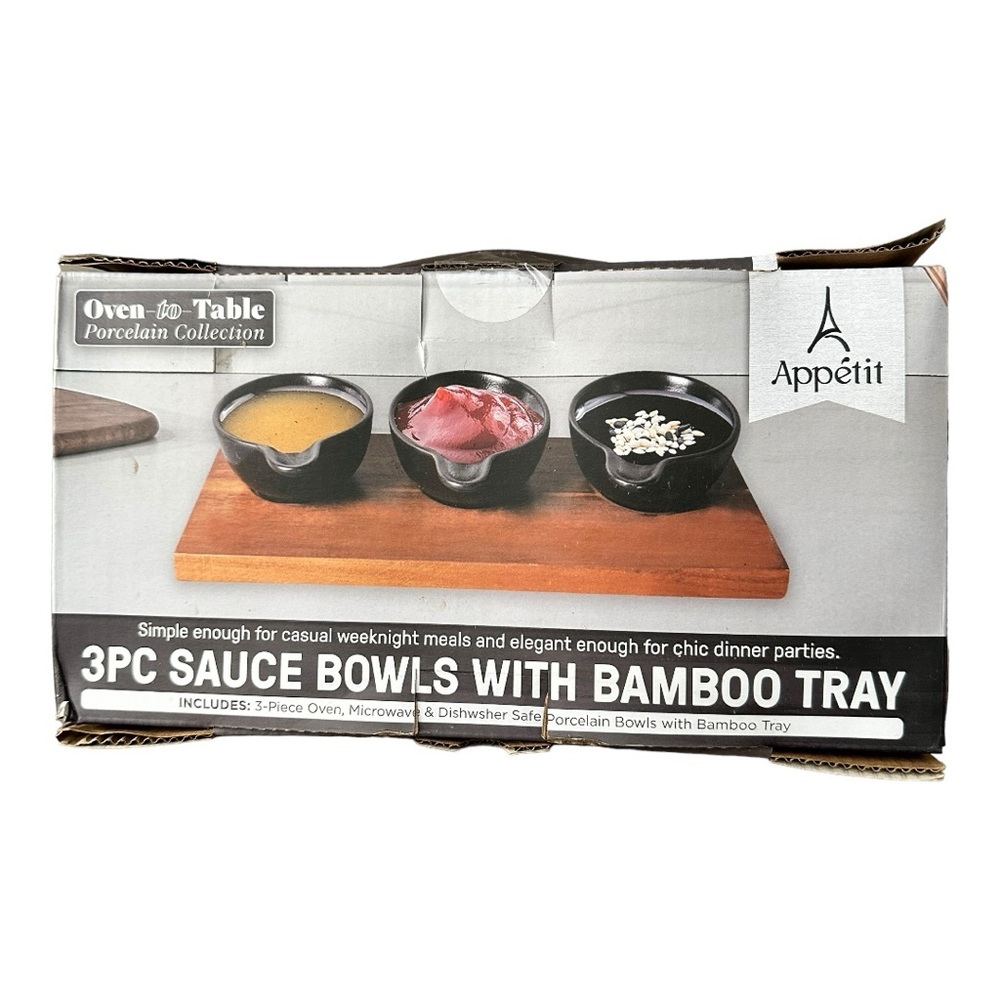 Servappetit 3 Pc Sauce Bowls with Bamboo Tray‎ NIB
